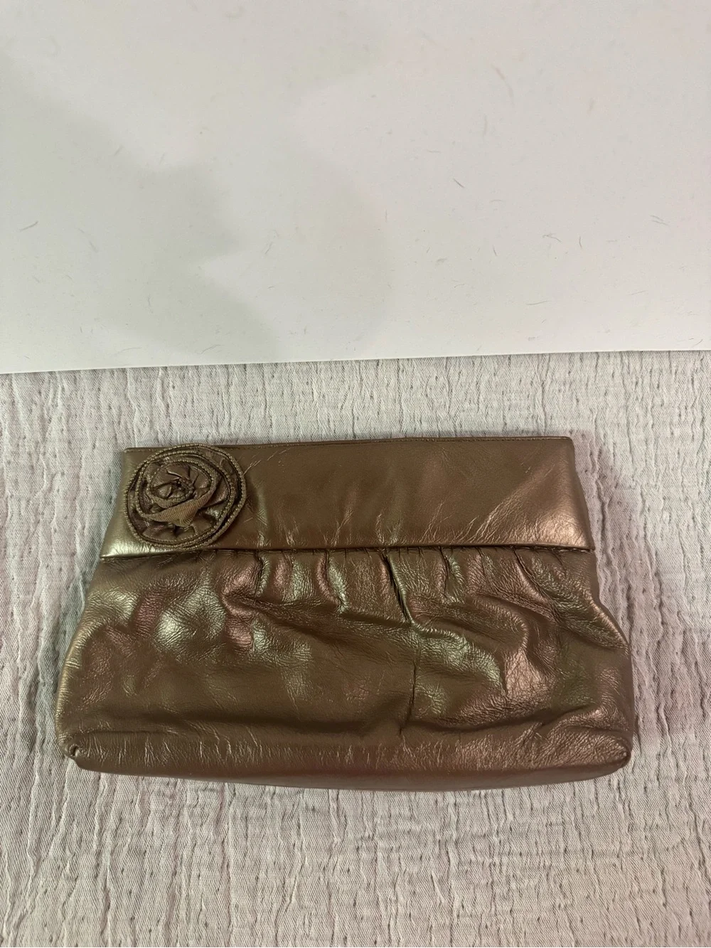 VTG Stuart Weitzman Metallic Bronze Hinge Open Clutch with Zipper Rosette